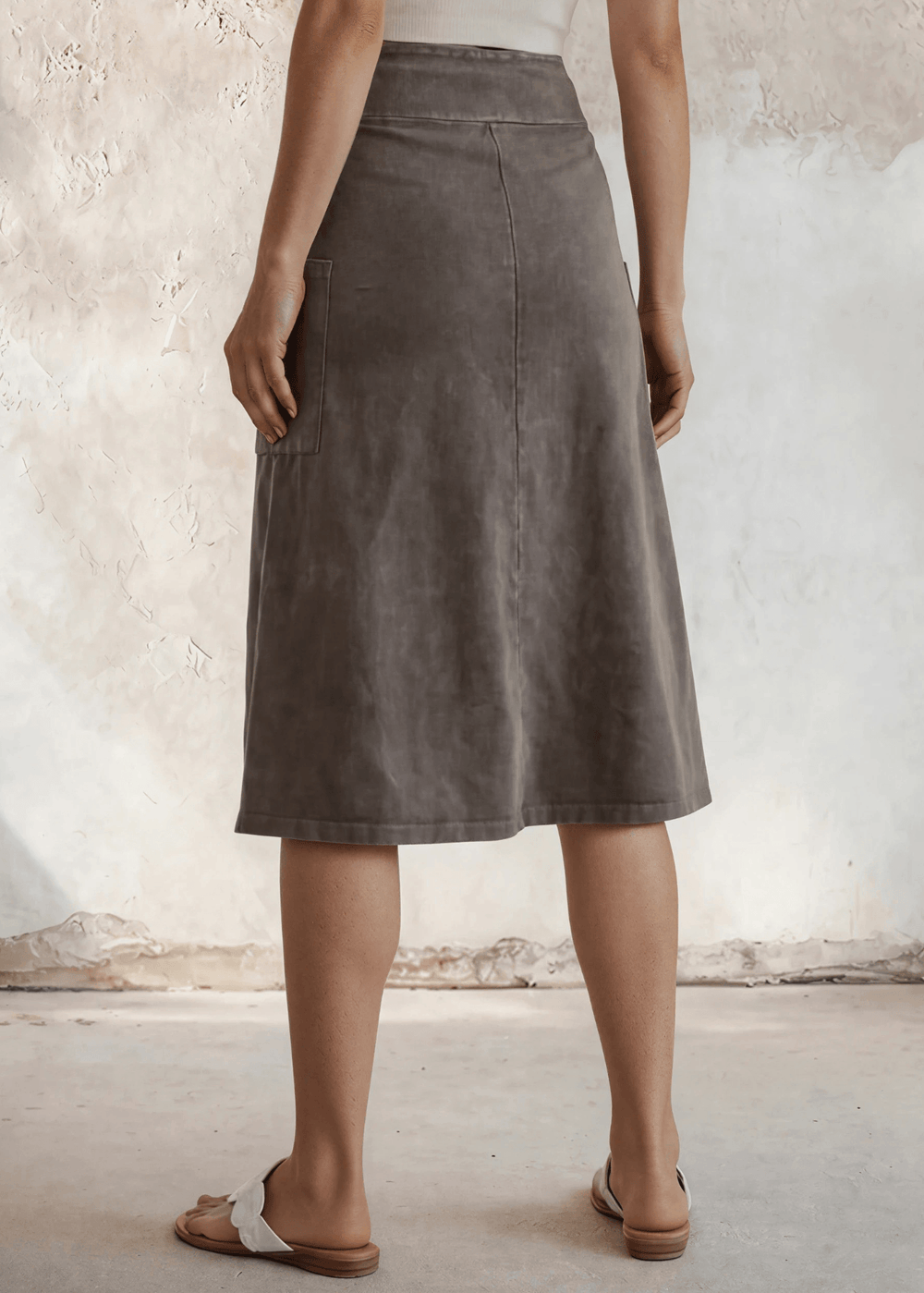 Made in USA Women's All Season Versatile Mineral Washed Cotton Stretch Midi Skirt, Side Patch Pockets, High Waist, Comfortable & Soft 4 Way stretch in Desert Taupe | Classy Cozy Cool Made in America Boutique
