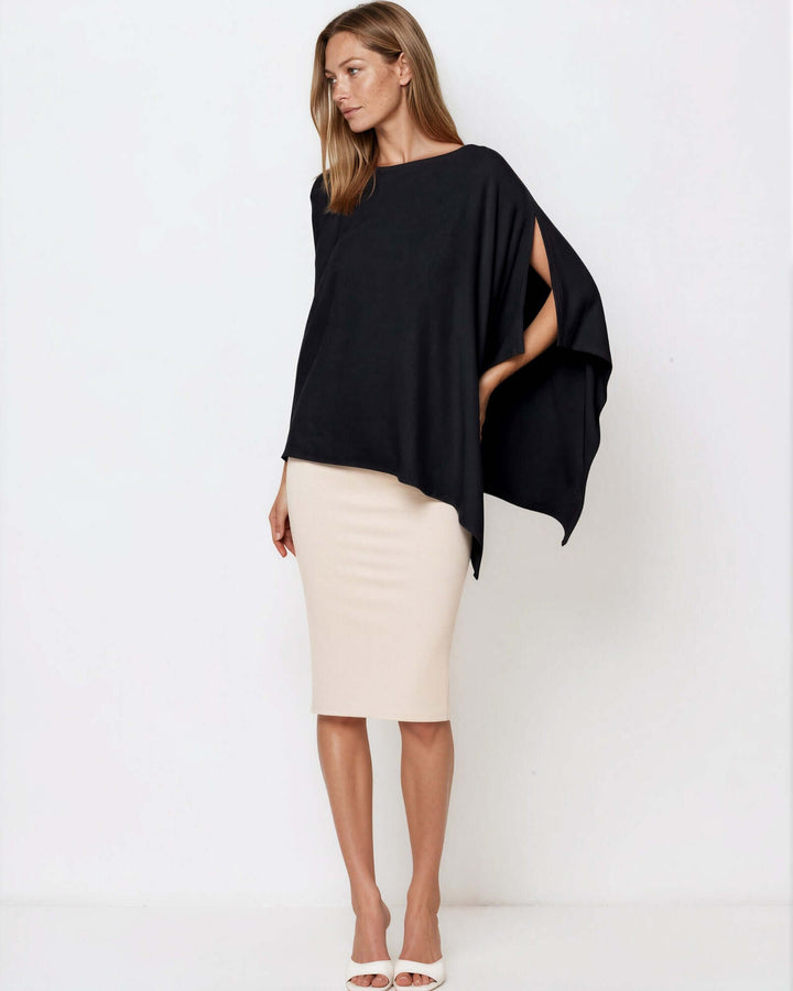 Made in USA Asymmetrical Boat Neck Poncho Top - Black: full-length view showing side slit sleeve and heels