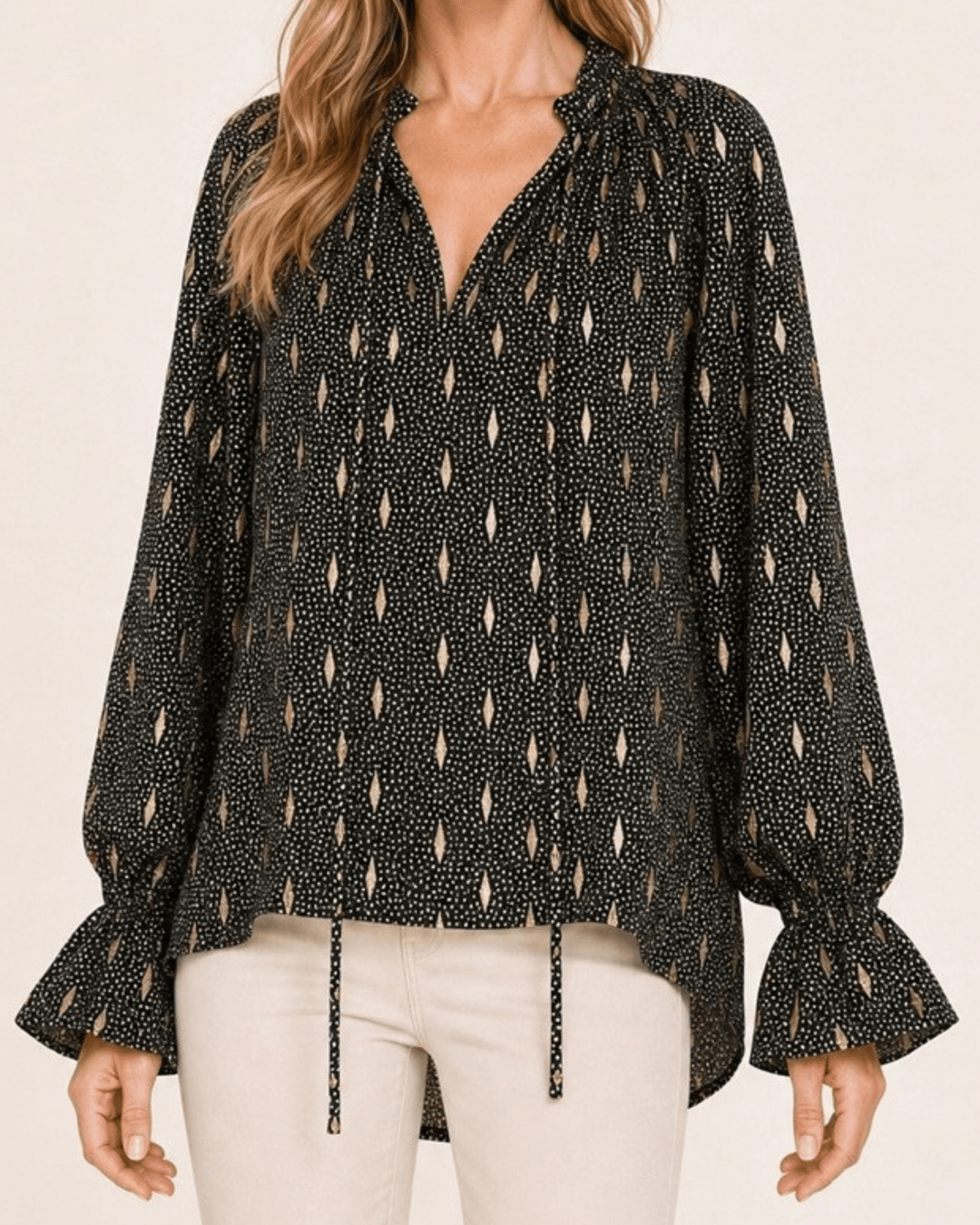 Made in USA Radiant Ruffle Neck Foil Print Blouse - Black: close-up of gold foil diamond print and tie strings
