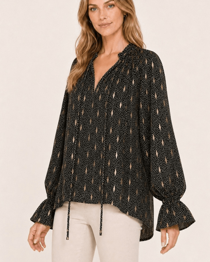 Made in USA Radiant Ruffle Neck Foil Print Blouse - Black: three-quarter view showing balloon sleeves and cuffs