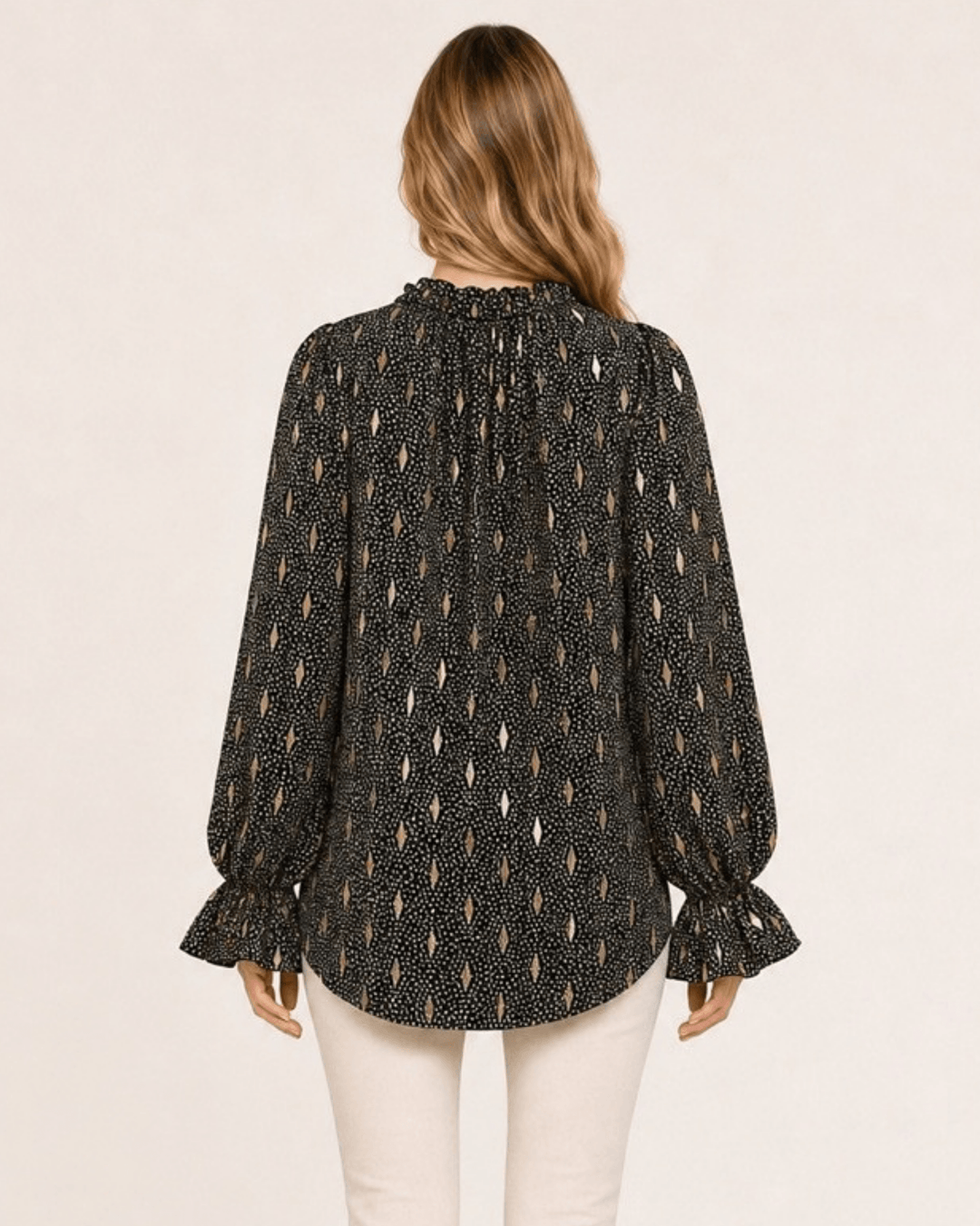 Made in USA Radiant Ruffle Neck Foil Print Blouse - Black: back view showing gathered yoke and curved hem