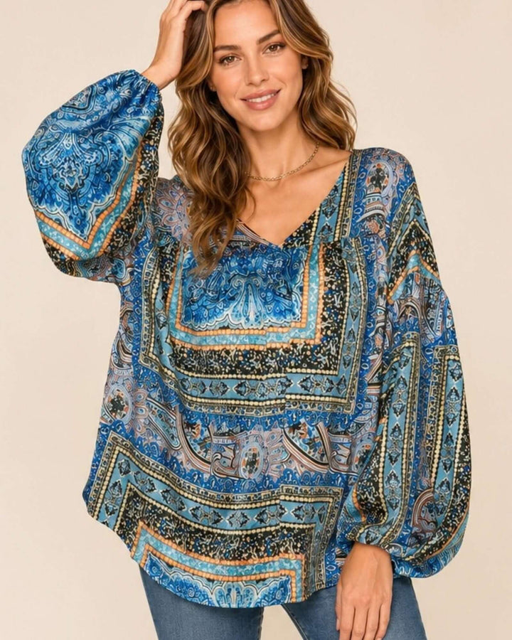 Made in USA Bella Balloon Sleeve Blouse: front view of blue paisley patchwork V-neck 