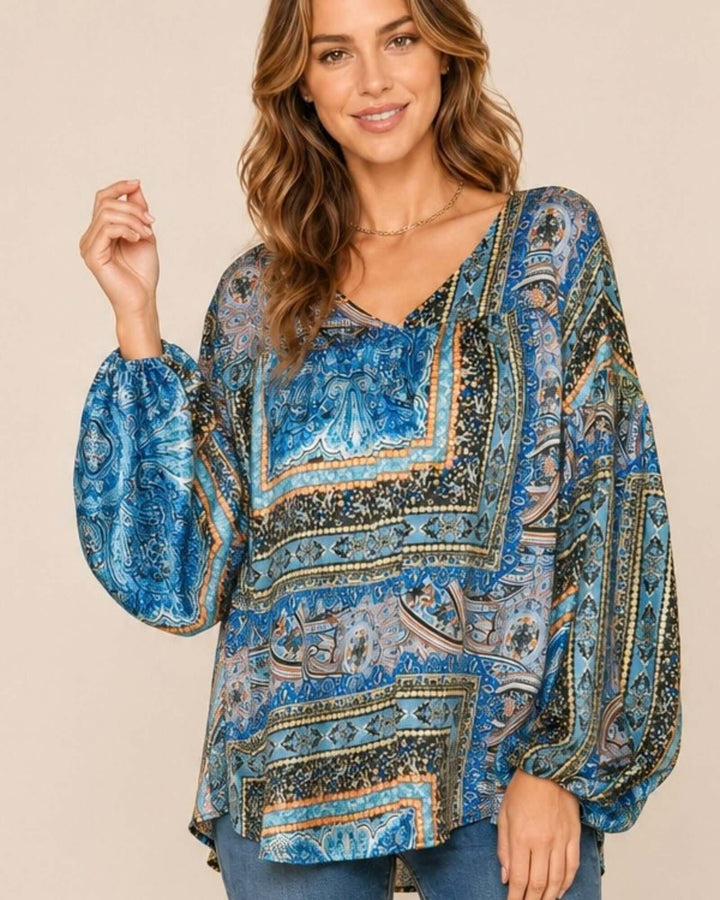 Made in USA Bella Balloon Sleeve Blouse: close front view showing balloon sleeve and elastic cuff