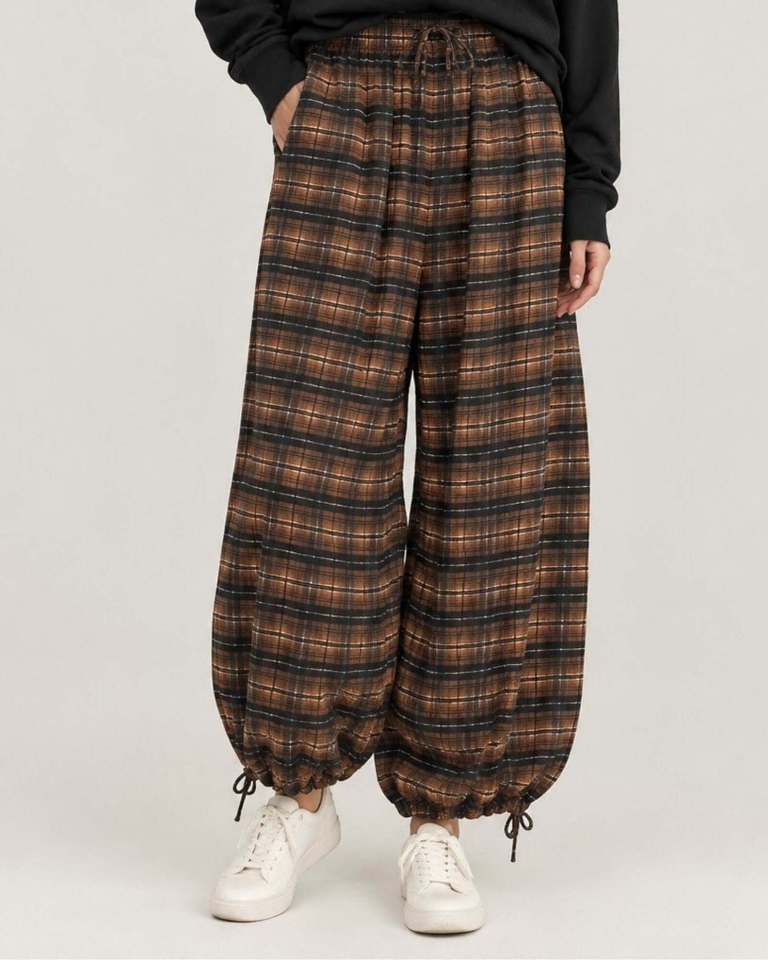 Made in USA brown and black checker plaid balloon pants with elastic drawstring waist and gathered ankles