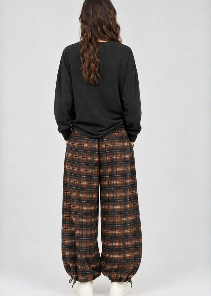 Made in USA brown and black checker plaid balloon pants with elastic drawstring waist and gathered ankles