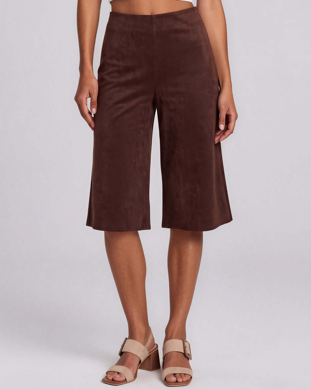 Made in USA women's chocolate brown suede-look mid-rise wide-leg culotte pants, front view