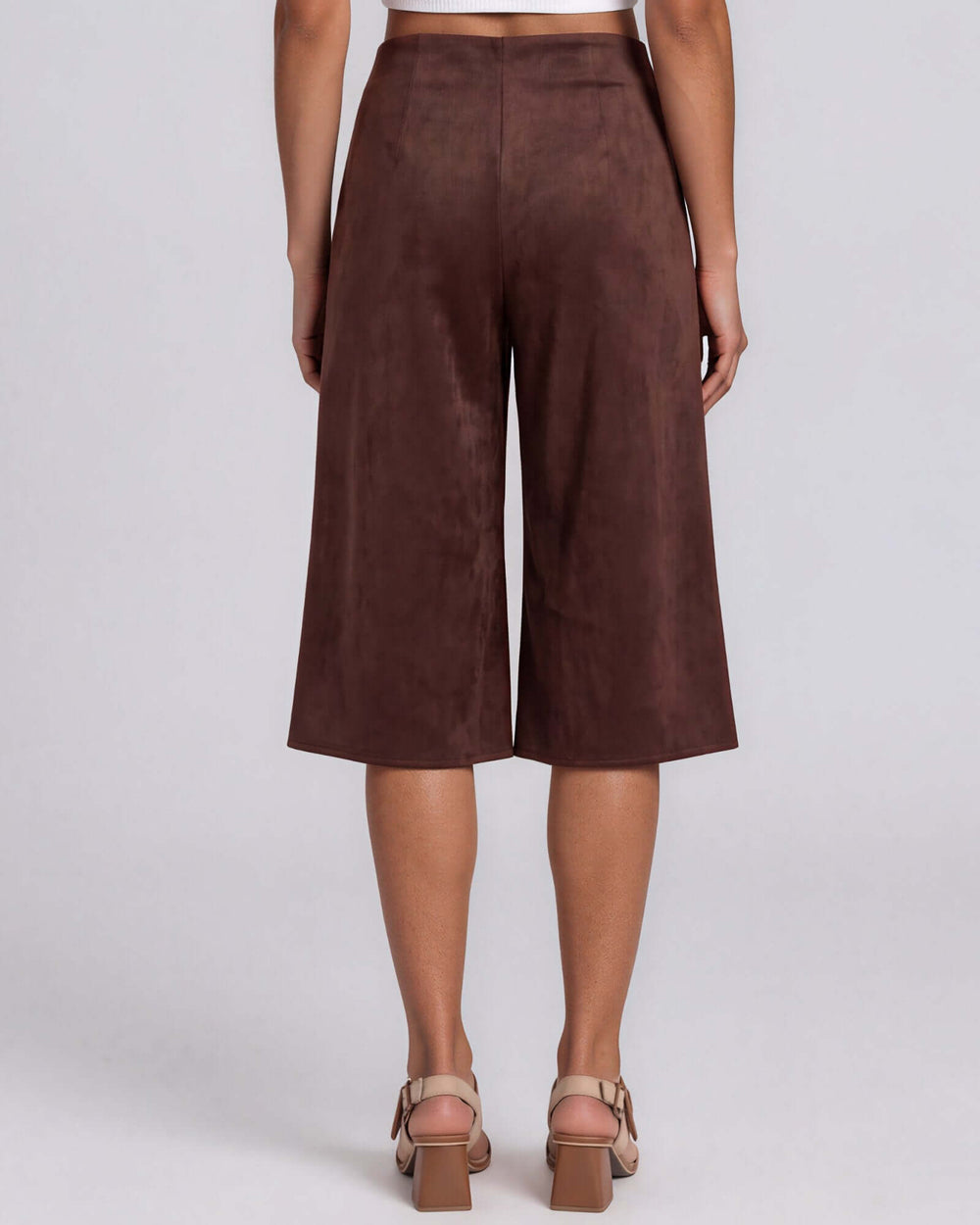 Made in USA women's chocolate brown suede-look mid-rise wide-leg culotte pants, back view