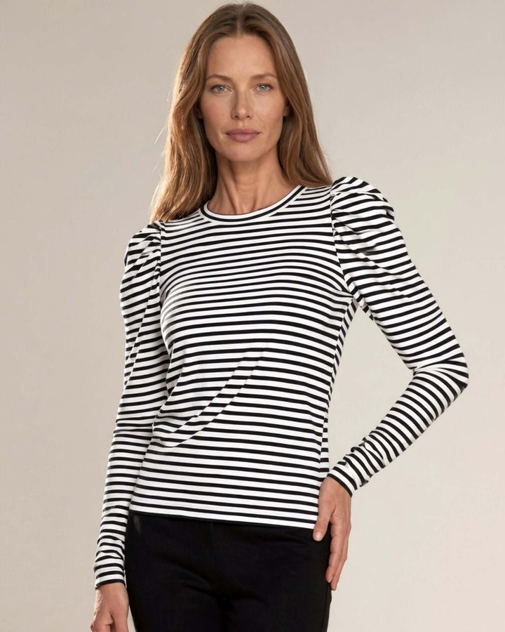Made in USA Above the Rest Ruffle Shoulder Striped Top: front view on model with black pants