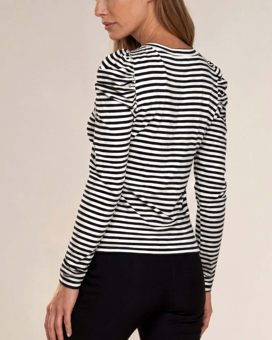 Made in USA Above the Rest Ruffle Shoulder Striped Top: back and side view showing ruffled shoulder detail