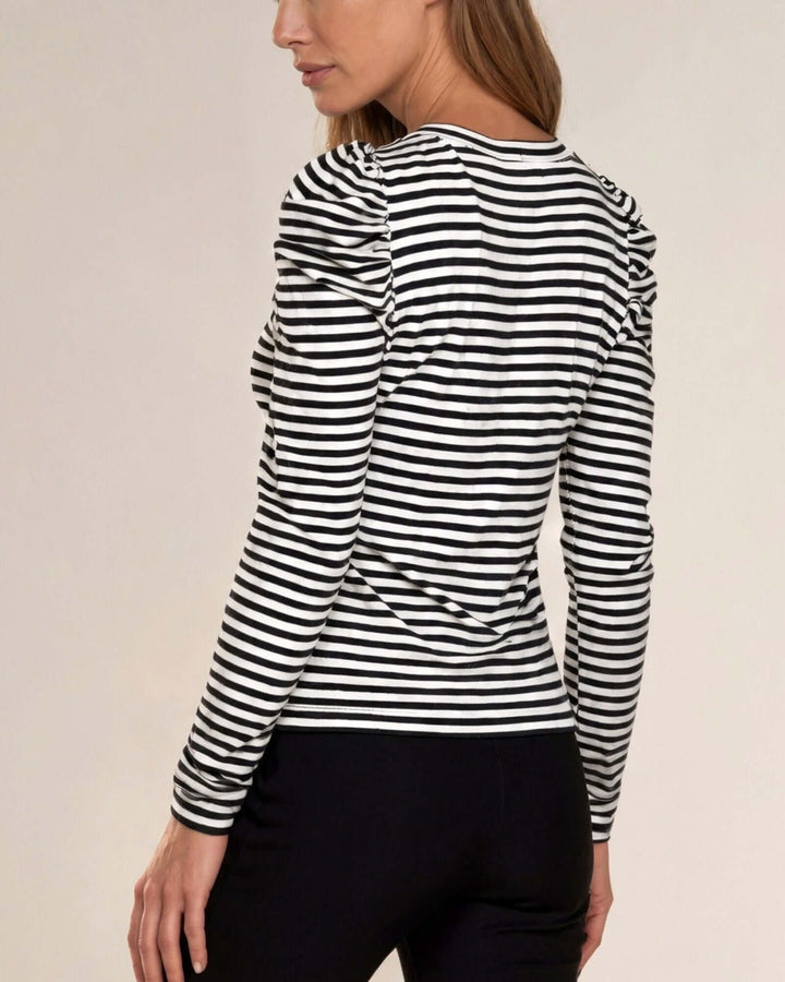 Made in USA Above the Rest Ruffle Shoulder Striped Top: back and side view showing ruffled shoulder detail