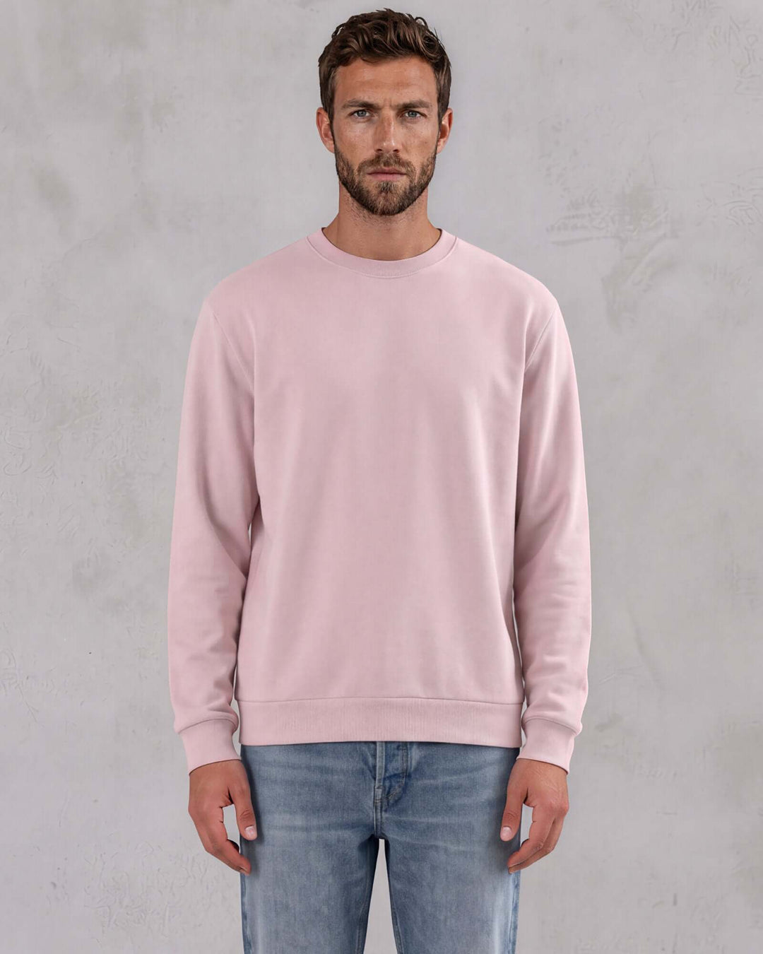 Made in USA vintage pigment dyed fleece crew sweatshirt in Mauve with ribbed crew neck, cuffs, and hem - front view