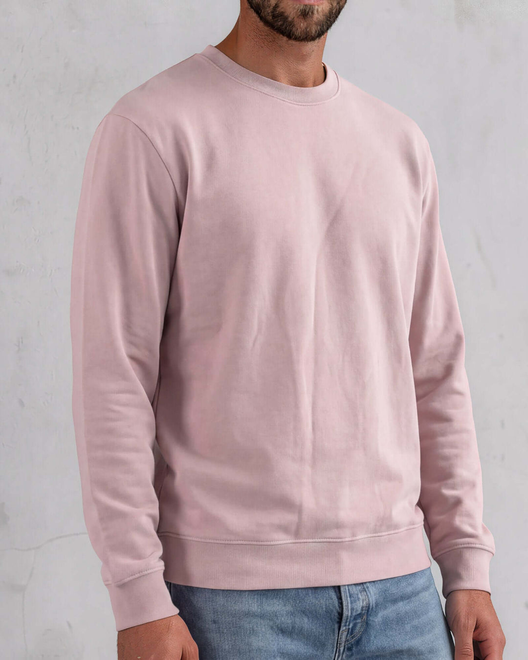Made in USA vintage pigment dyed fleece crew sweatshirt in Mauve with ribbed crew neck, cuffs, and hem