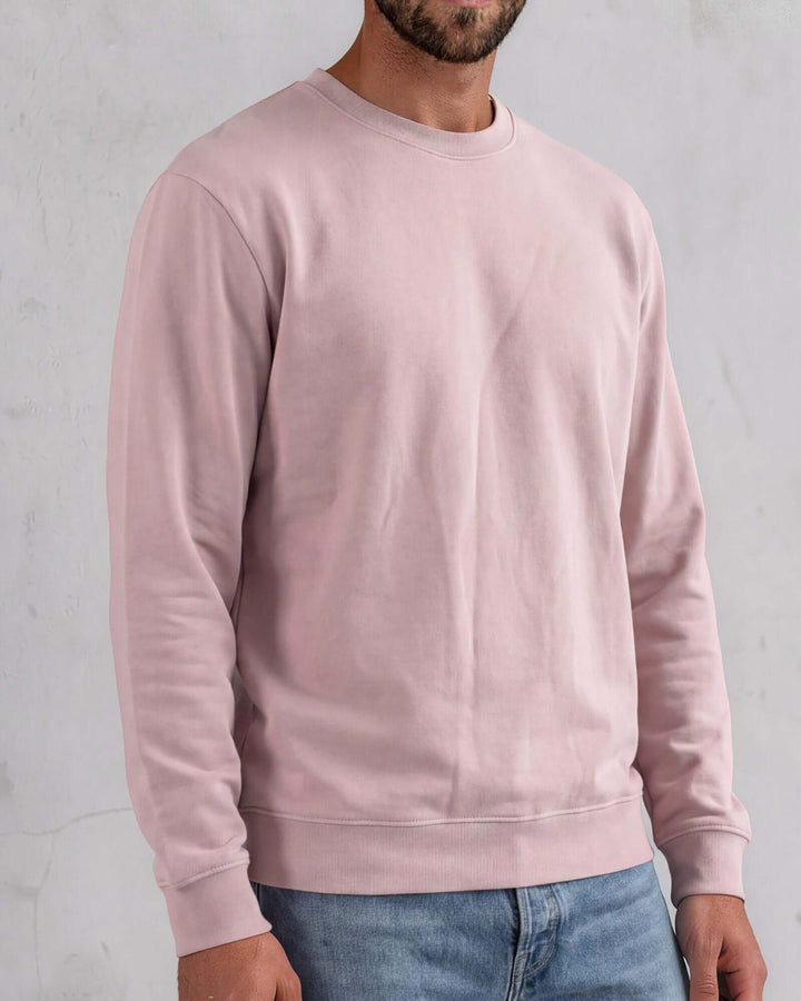 Made in USA vintage pigment dyed fleece crew sweatshirt in Mauve with ribbed crew neck, cuffs, and hem
