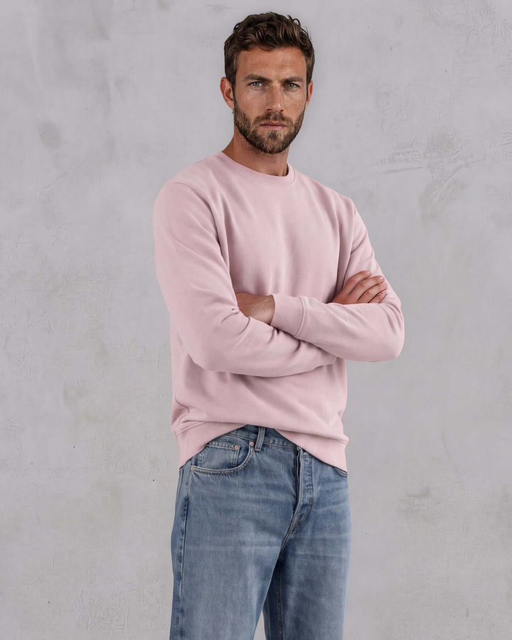 Made in USA vintage pigment dyed fleece crew sweatshirt in Mauve with ribbed crew neck, cuffs, and hem