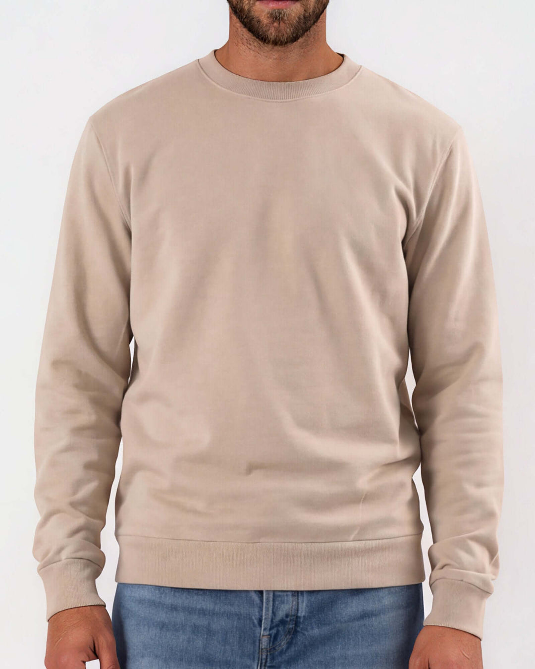 Made in USA vintage pigment dyed fleece crew sweatshirt in Khaki with ribbed crew neck, cuffs, and hem - front view
