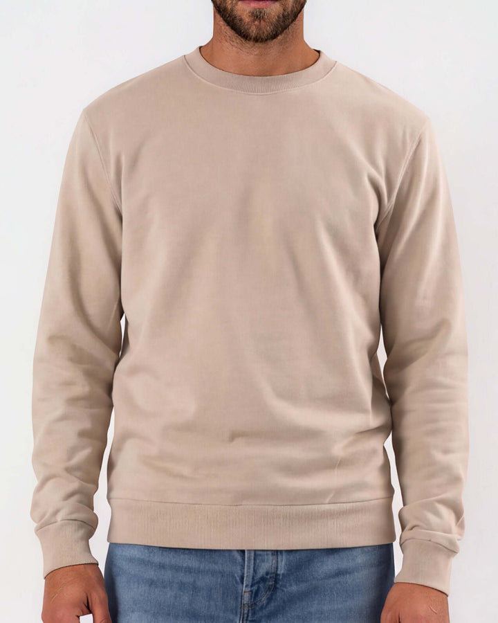 Made in USA vintage pigment dyed fleece crew sweatshirt in Khaki with ribbed crew neck, cuffs, and hem - front view