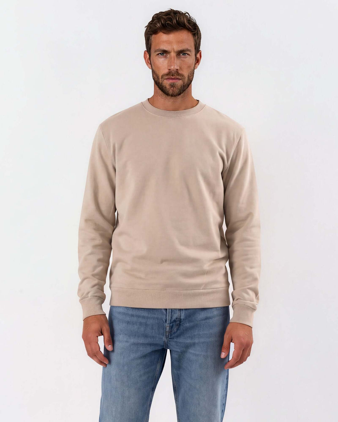 Made in USA vintage pigment dyed fleece crew sweatshirt in Khaki with ribbed crew neck, cuffs, and hem