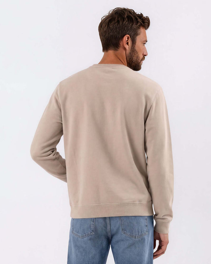 Made in USA vintage pigment dyed fleece crew sweatshirt in Khaki with ribbed crew neck, cuffs, and hem