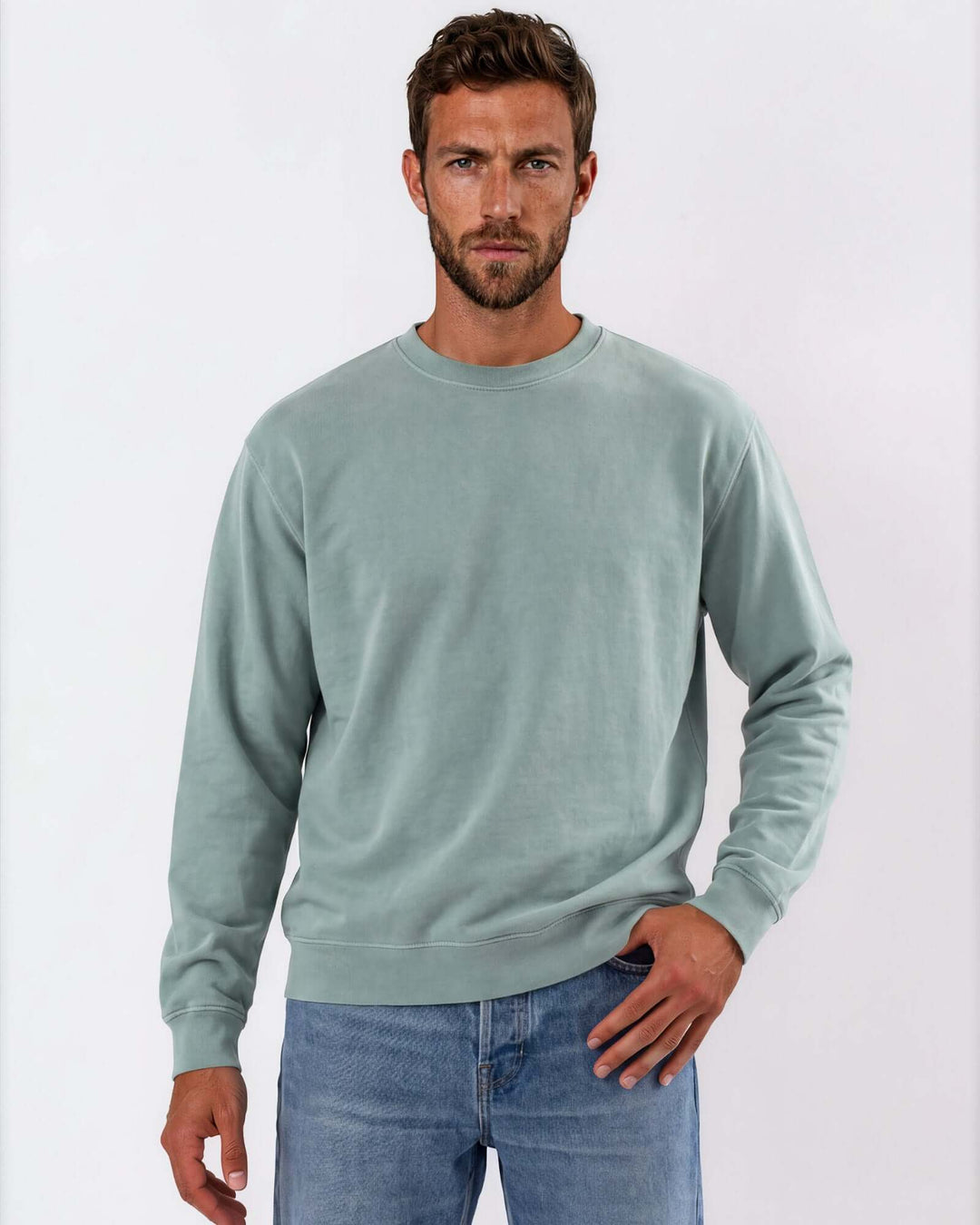 Made in USA vintage pigment dyed fleece crew sweatshirt in Fern with ribbed crew neck, cuffs, and hem - front view