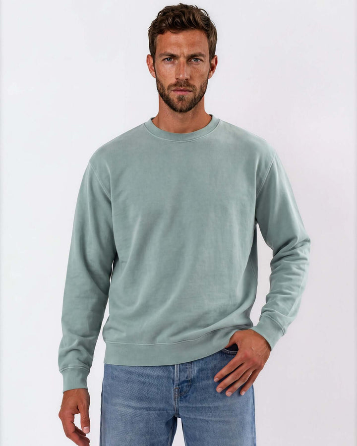 Made in USA vintage pigment dyed fleece crew sweatshirt in Fern with ribbed crew neck, cuffs, and hem - front view