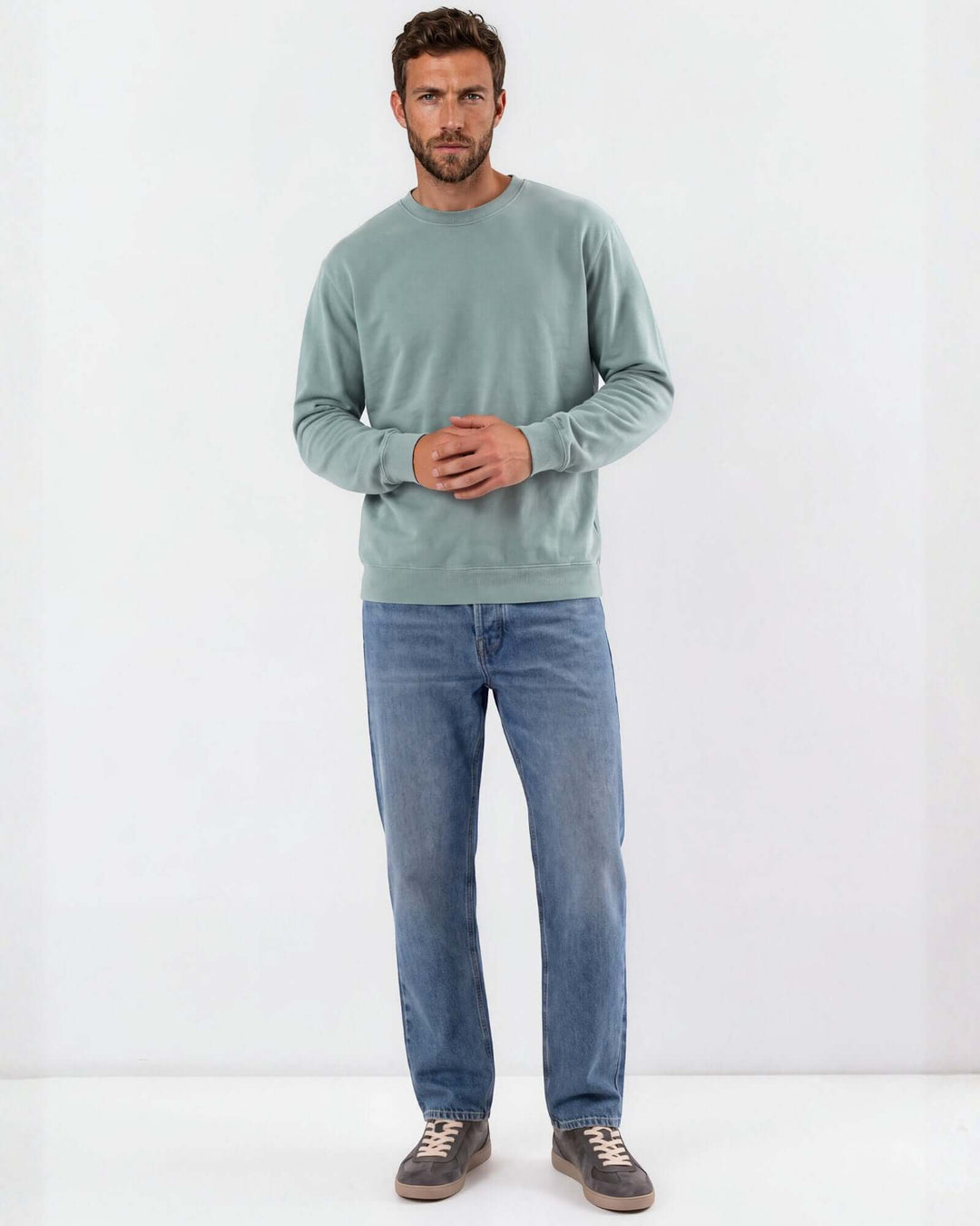 Made in USA vintage pigment dyed fleece crew sweatshirt in Fern with ribbed crew neck, cuffs, and hem
