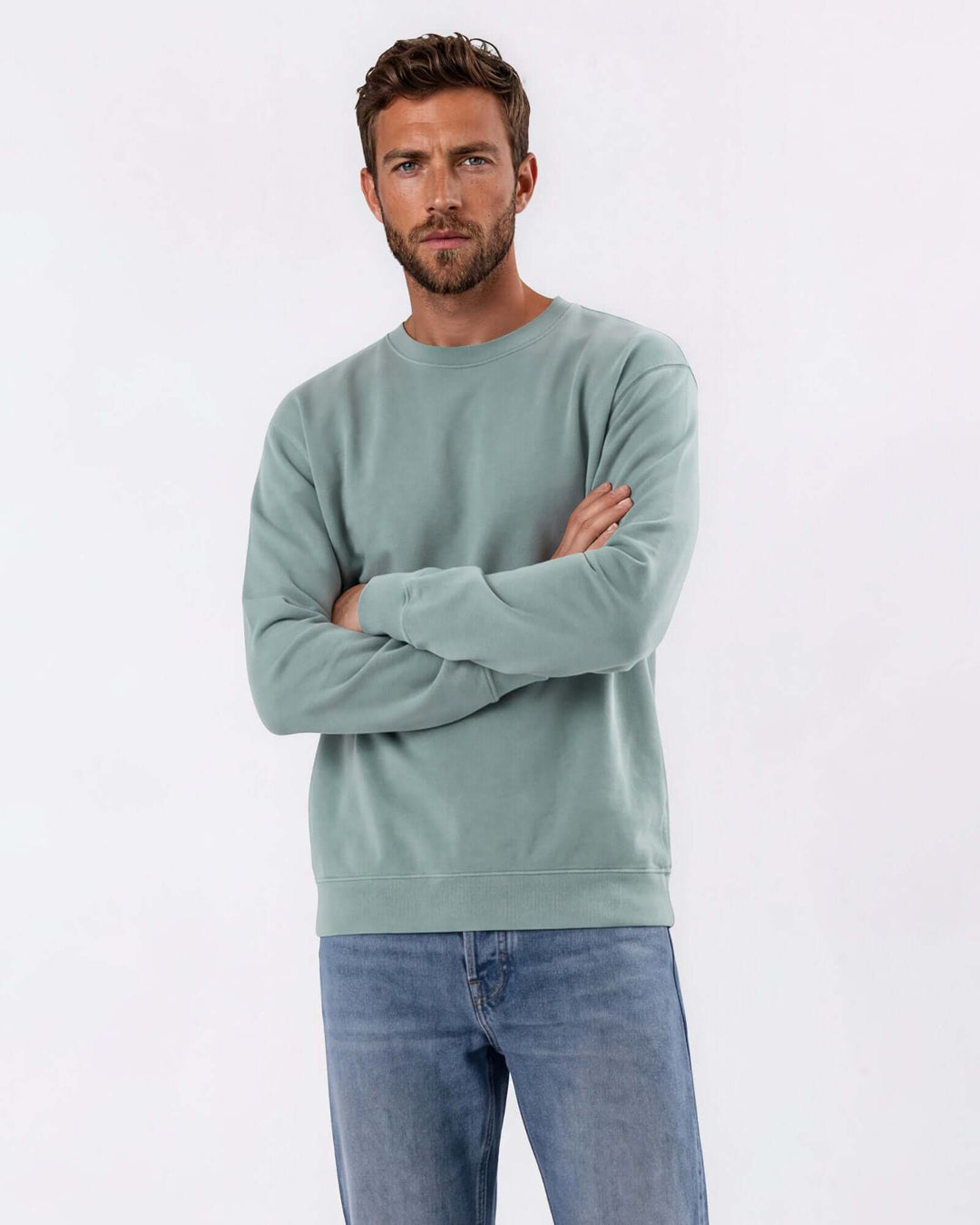 Made in USA vintage pigment dyed fleece crew sweatshirt in Fern with ribbed crew neck, cuffs, and hem