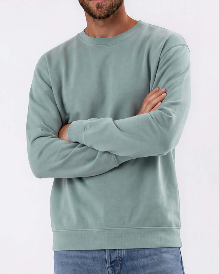 Made in USA vintage pigment dyed fleece crew sweatshirt in Fern with ribbed crew neck, cuffs, and hem