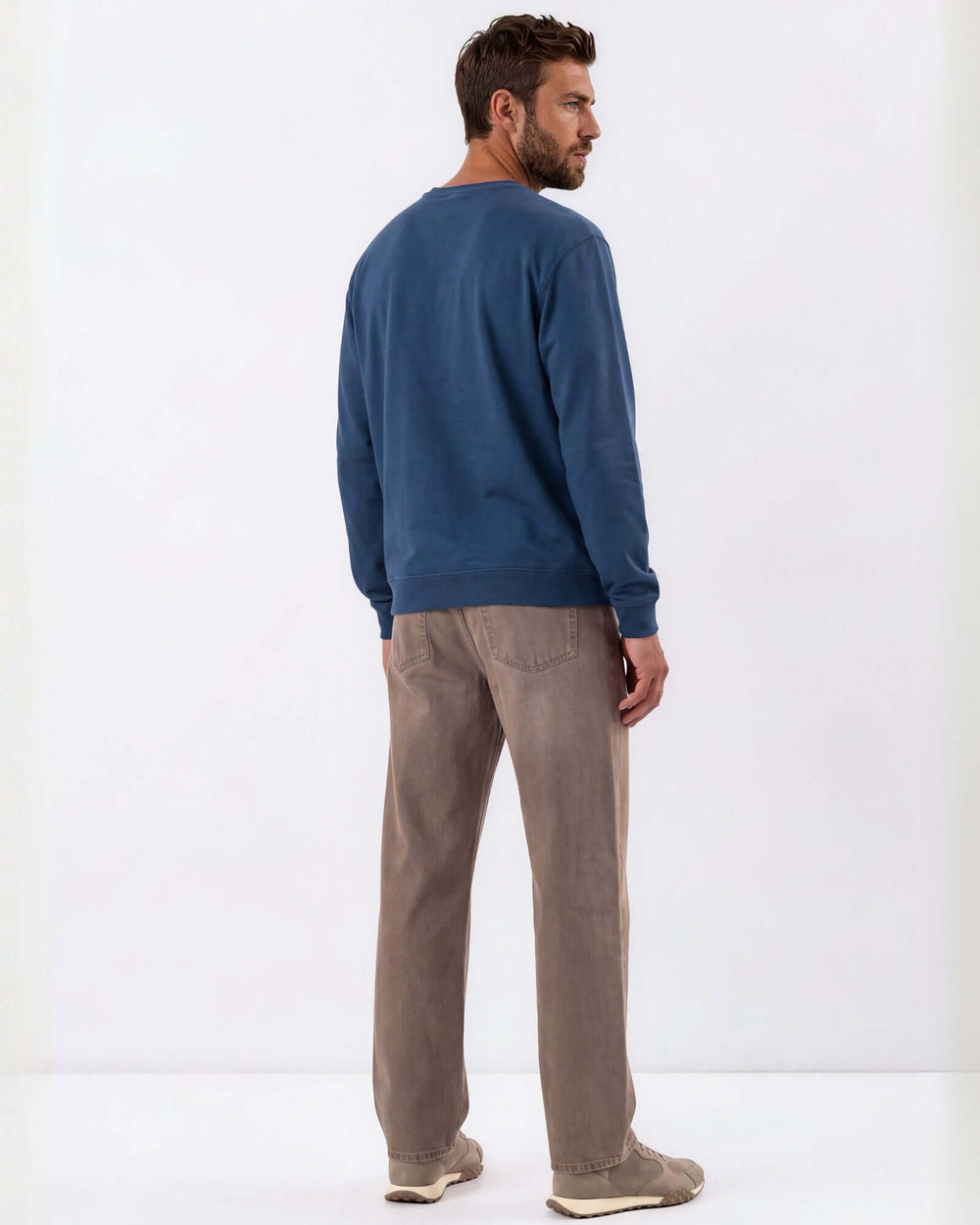 Made in USA vintage pigment dyed fleece crew sweatshirt in Blue Steel with ribbed crew neck, cuffs, and hem
