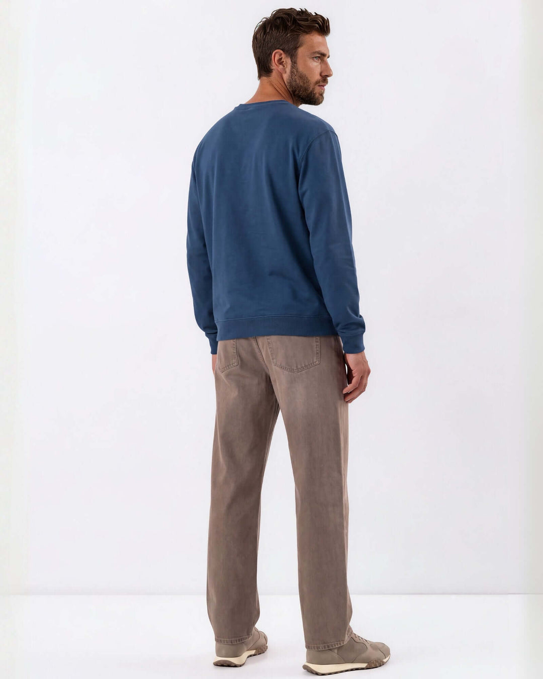 Made in USA vintage pigment dyed fleece crew sweatshirt in Blue Steel with ribbed crew neck, cuffs, and hem