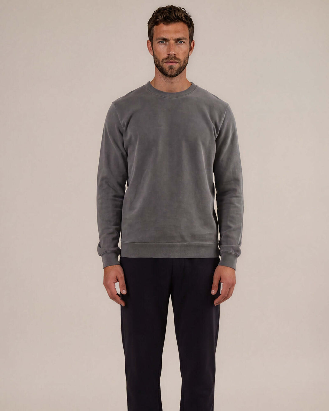 Made in USA vintage pigment dyed fleece crew sweatshirt in Charcoal with ribbed crew neck, cuffs, and hem - front view