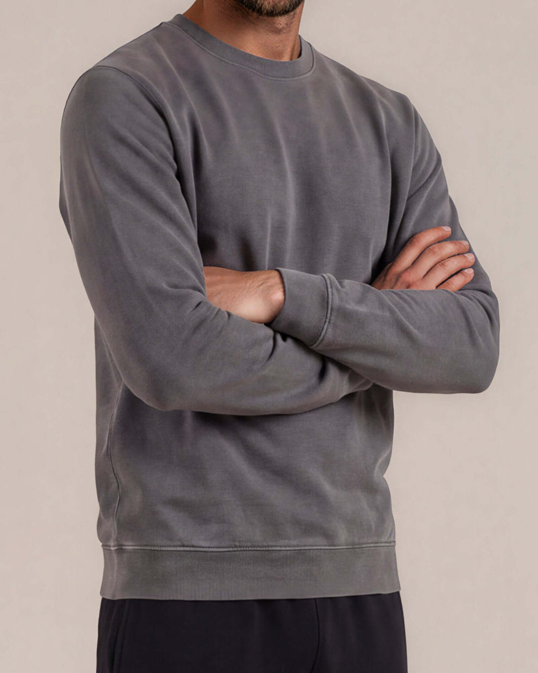 Made in USA vintage pigment dyed fleece crew sweatshirt in Charcoal with ribbed crew neck, cuffs, and hem