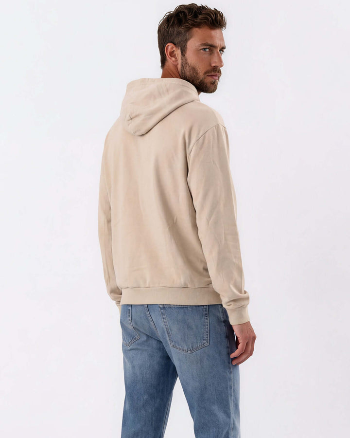 Made in USA vintage pigment dyed fleece pullover hoodie in Khaki with drawstring hood, front pouch pocket, and ribbed cuffs and hem