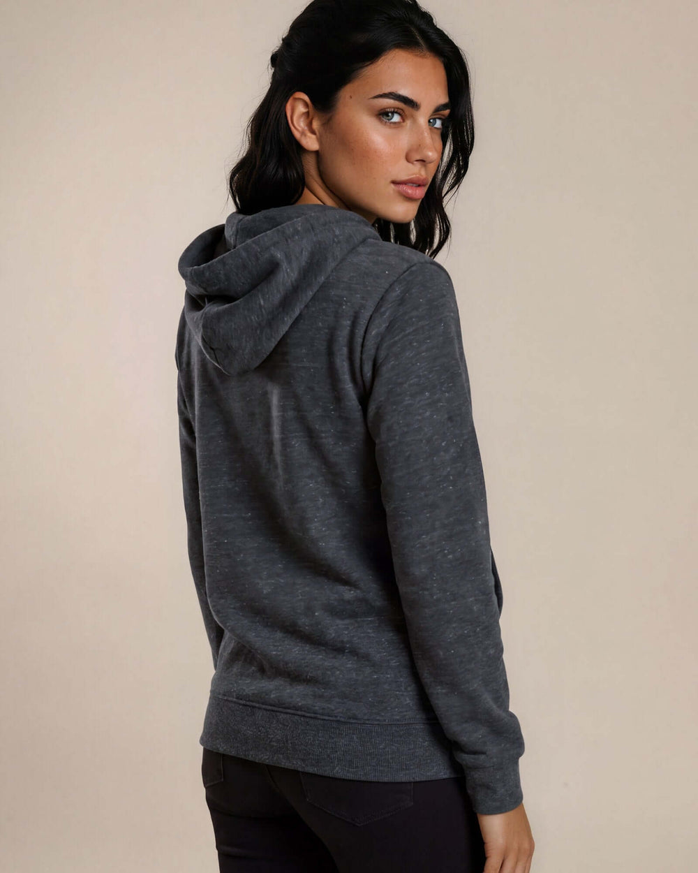 Made in USA women's tri onyx tri-blend fleece full zip hoodie with kangaroo pocket, back view