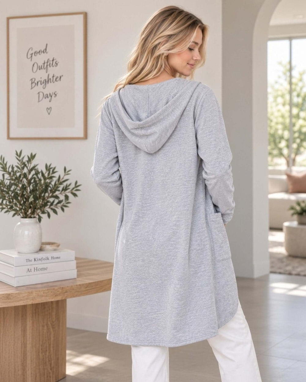 Made in USA women's heather gray brushed longline hooded open-front cardigan with side pockets, back view showing hood