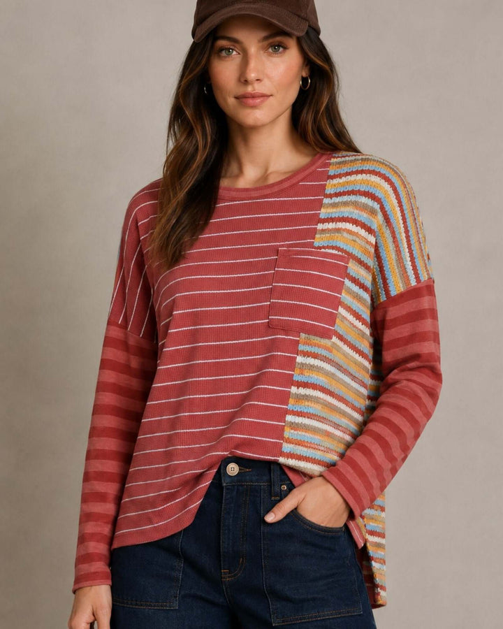 Made in USA red striped mixed media thermal top with colorblock stripes, chest pocket, and high-low hem
