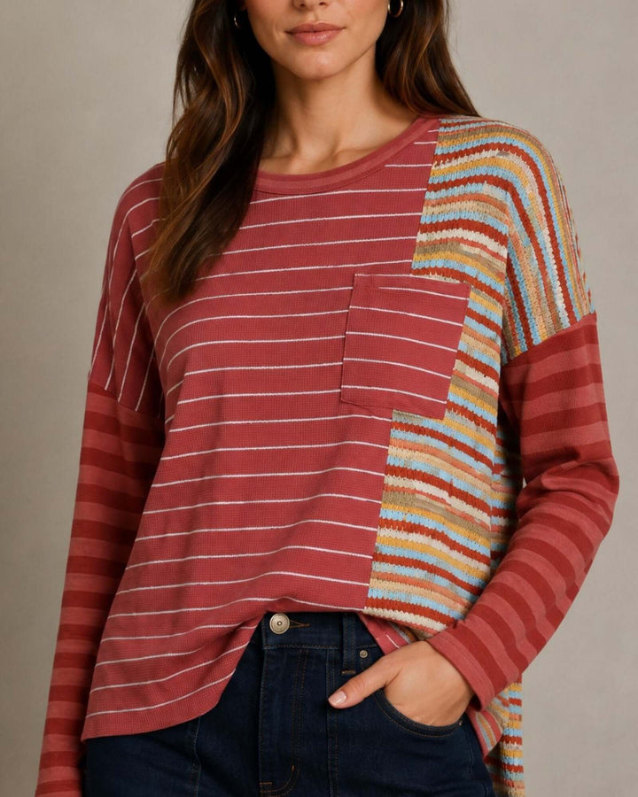 Made in USA red striped mixed media thermal top with colorblock stripes, chest pocket, and high-low hem