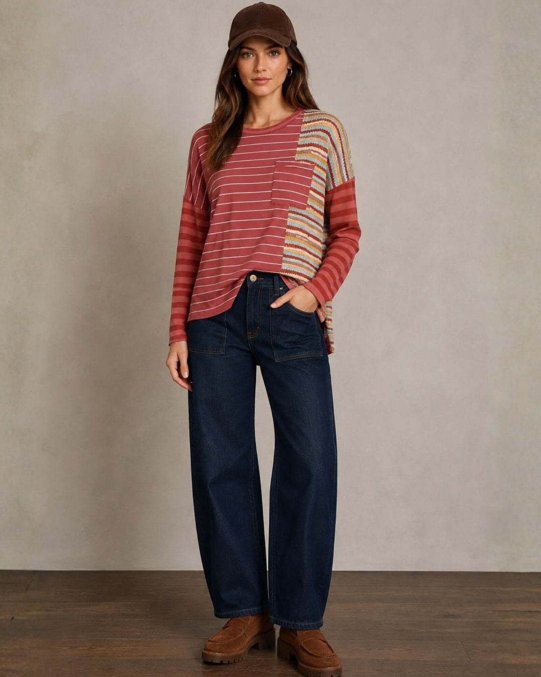 Made in USA red striped mixed media thermal top with colorblock stripes, chest pocket, and high-low hem