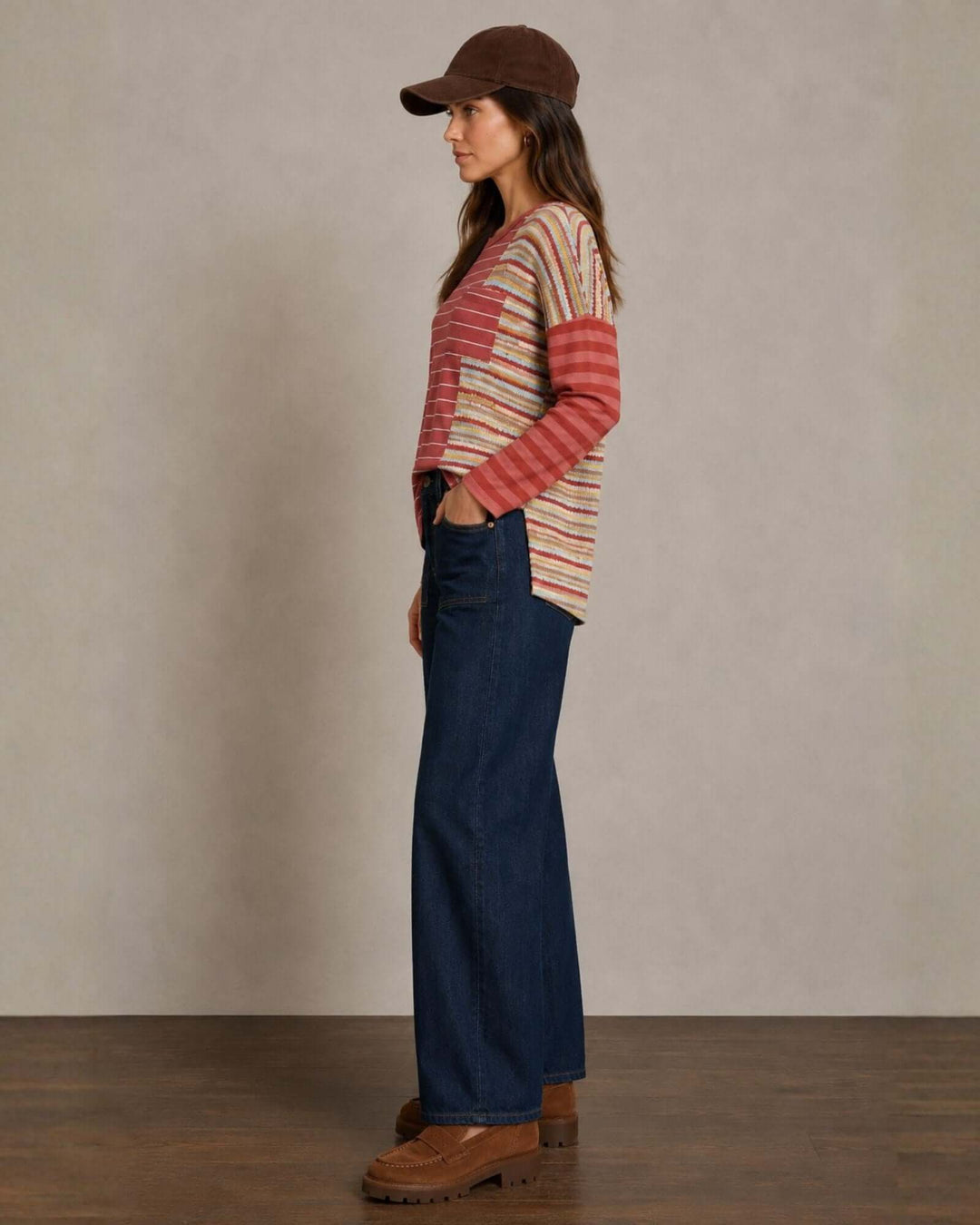 Made in USA red striped mixed media thermal top with colorblock stripes, chest pocket, and high-low hem