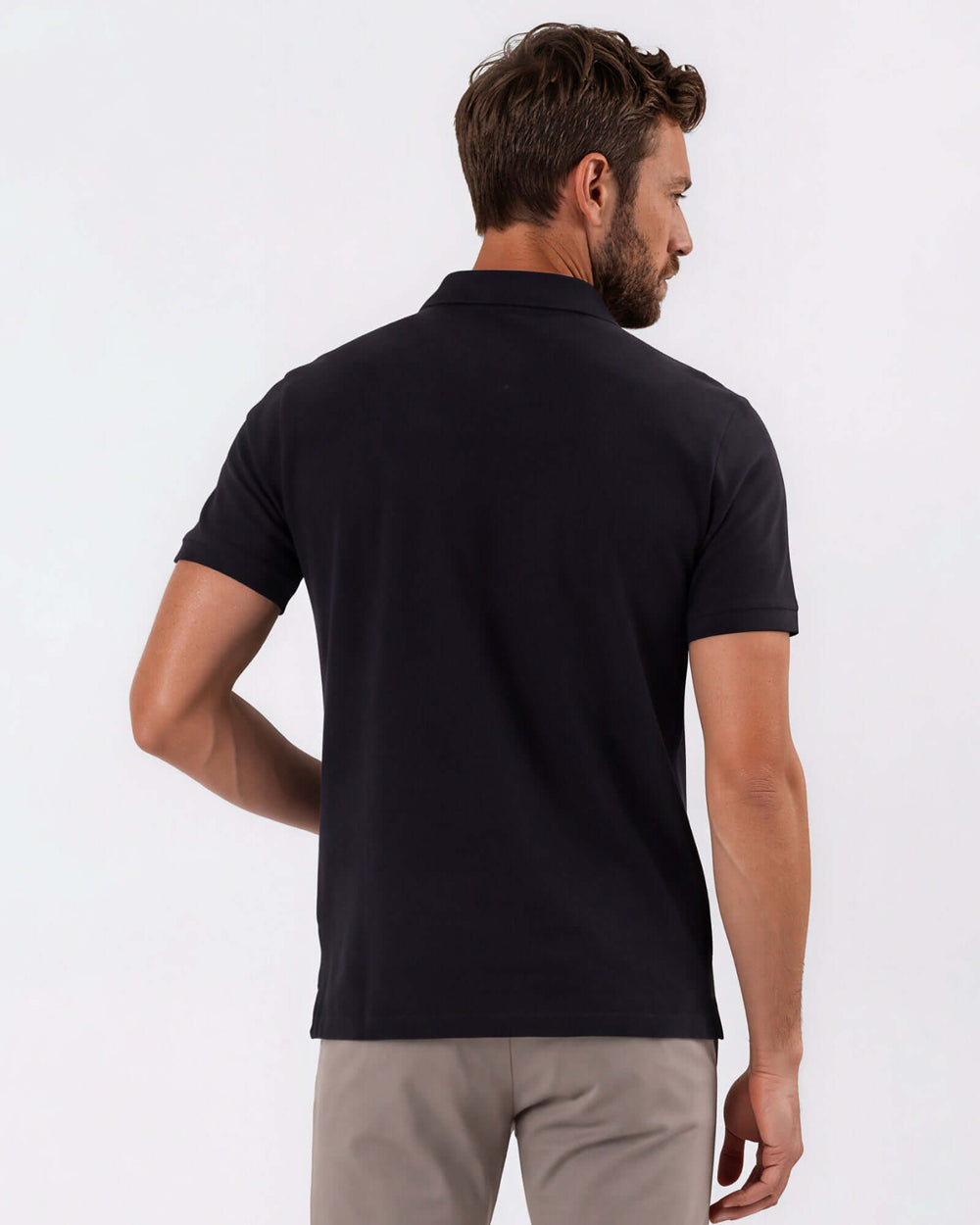 Made in USA men's night short sleeve cotton polo shirt with 3-button placket, back view