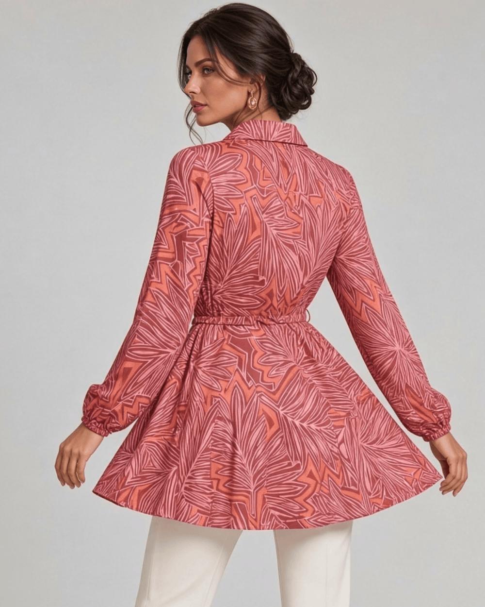 Made in USA Women's Button Down Mini Shirt Dress or Tunic with Tie Waist, Collared, Relaxed Fit, Long Sleeves, Elastic Cuffs, in a Unique Pink and Red Pattern | Classy Cozy Cool Made in America Boutique