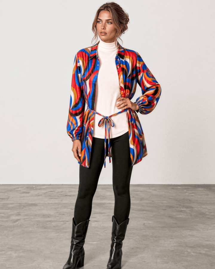 Made in USA. Style the Alexis Retro Print button-down tunic closed with its tie waist or open as a cardigan. Colorful abstract print, fully lined. S–L.