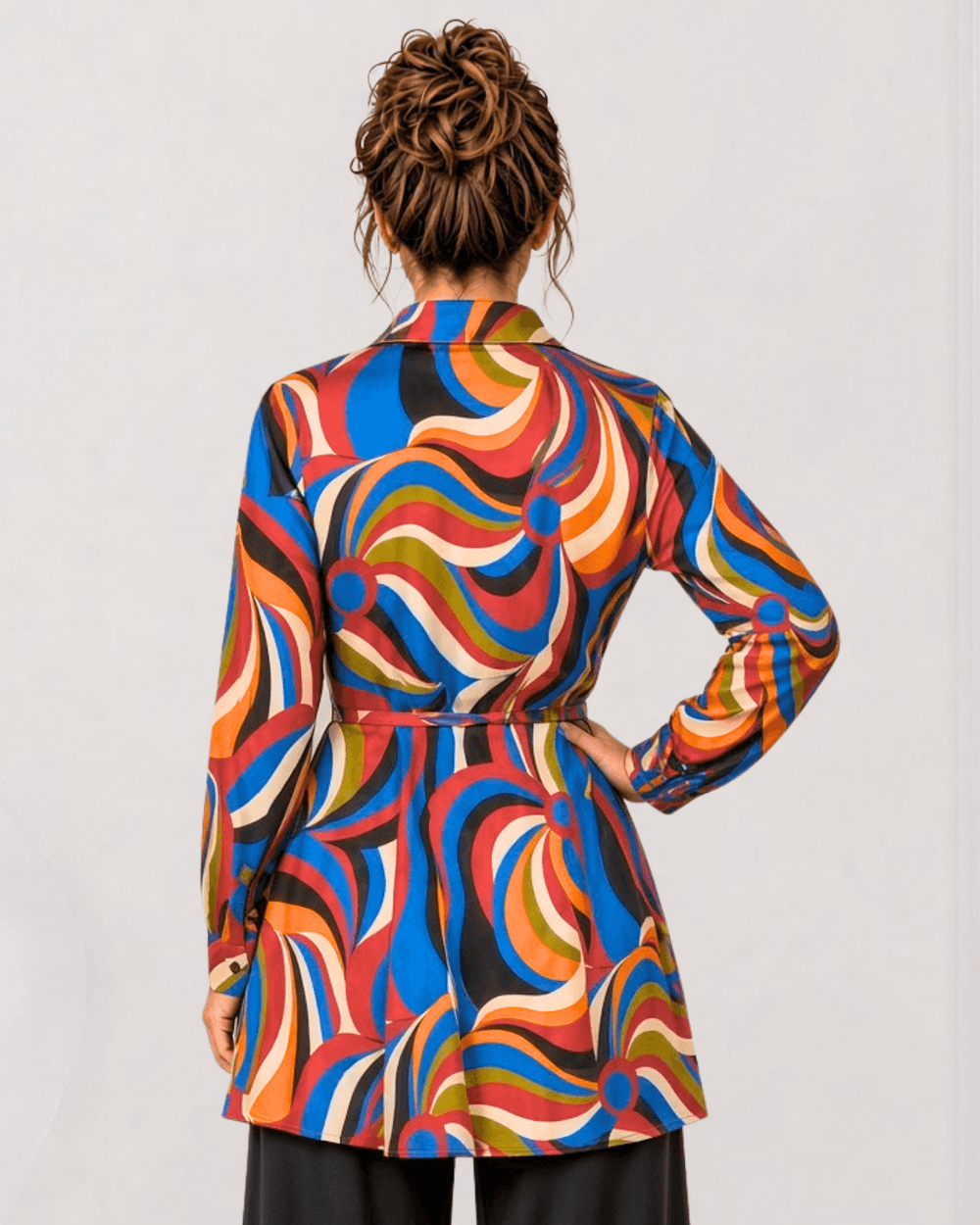 Made in USA. Style the Alexis Retro Print button-down tunic closed with its tie waist or open as a cardigan. Colorful abstract print, fully lined. S–L.