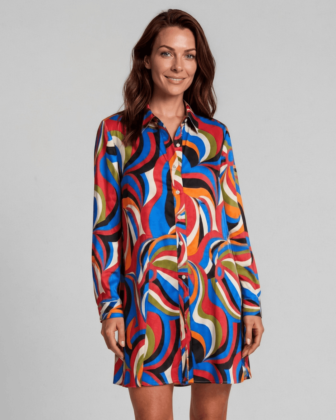 Made in USA. Style the Alexis Retro Print button-down tunic closed with its tie waist or open as a cardigan. Colorful abstract print, fully lined. S–L.