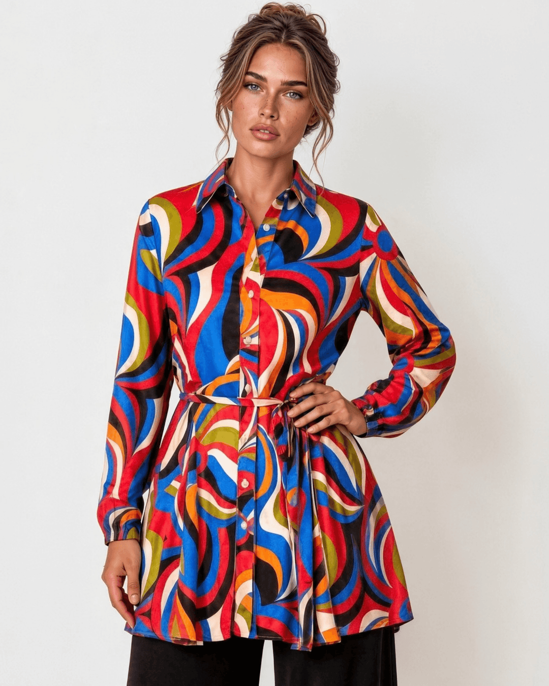 Made in USA. Style the Alexis Retro Print button-down tunic closed with its tie waist or open as a cardigan. Colorful abstract print, fully lined. S–L.