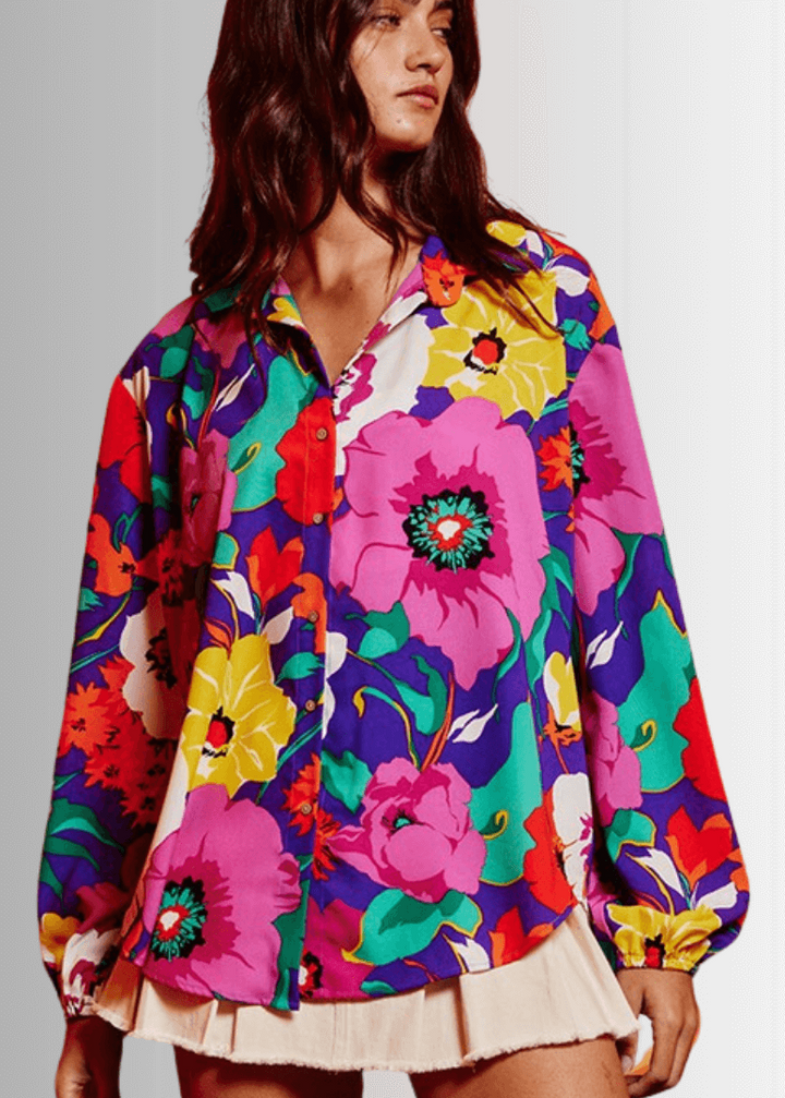 Bucket List Ladies Bright Color Floral Print Button Down Top | Style