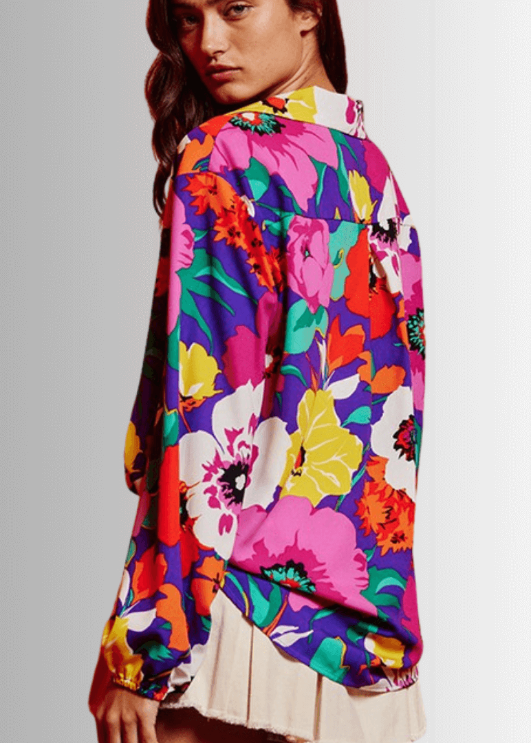 Bucket List Ladies Bright Color Floral Print Button Down Top | Style# T1943  | Made in USA | Classy Cozy Cool American Made Women's Clothing Boutique