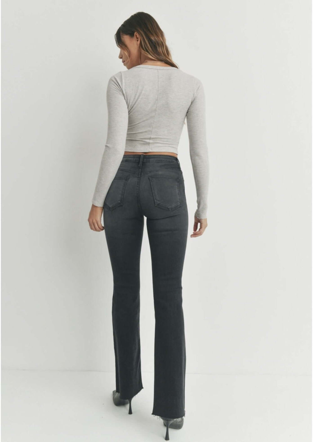 Just Black Denim Style# BP333J | Women's Fall Flare Washed Black Denim Jeans with Scissor Cut Hem | Made in USA | Classy Cozy Cool Women's Made in America Clothing Boutique