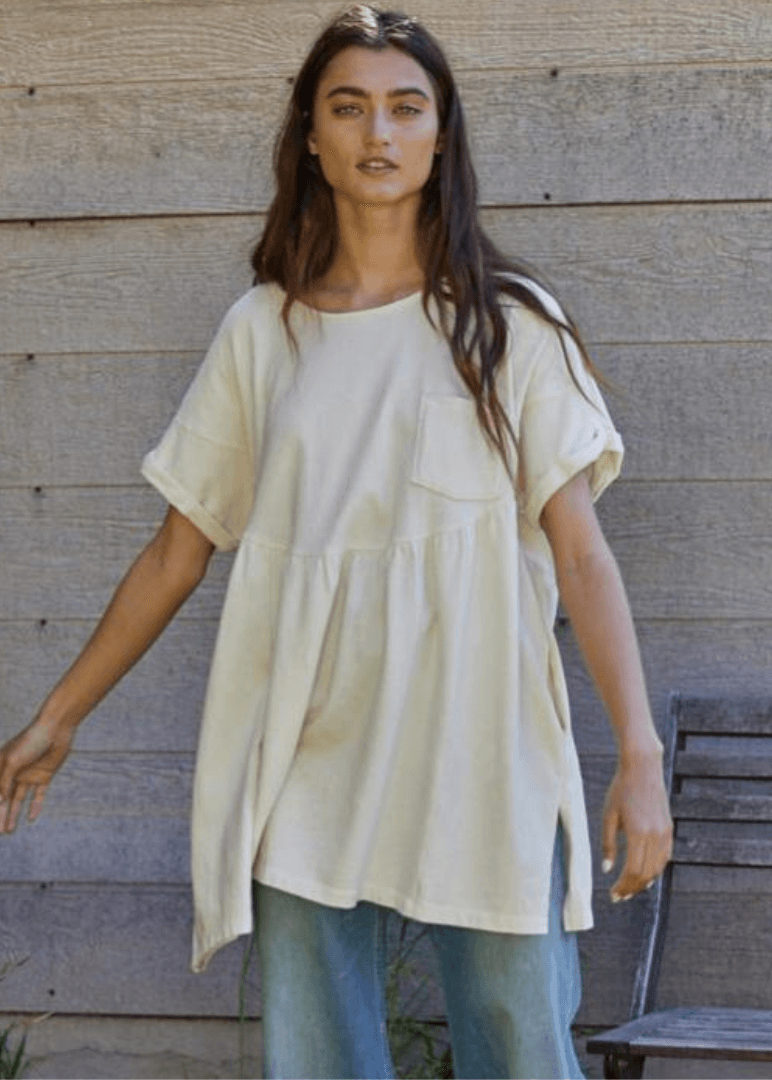 Made in USA Women's Heavy Knit Cotton Hacci Round Neck Flared Tunic with Folded Short Sleeve and Side Slits Detailed Top With Front And Side Pockets in Cream | Classy Cozy Cool Made in America Boutique