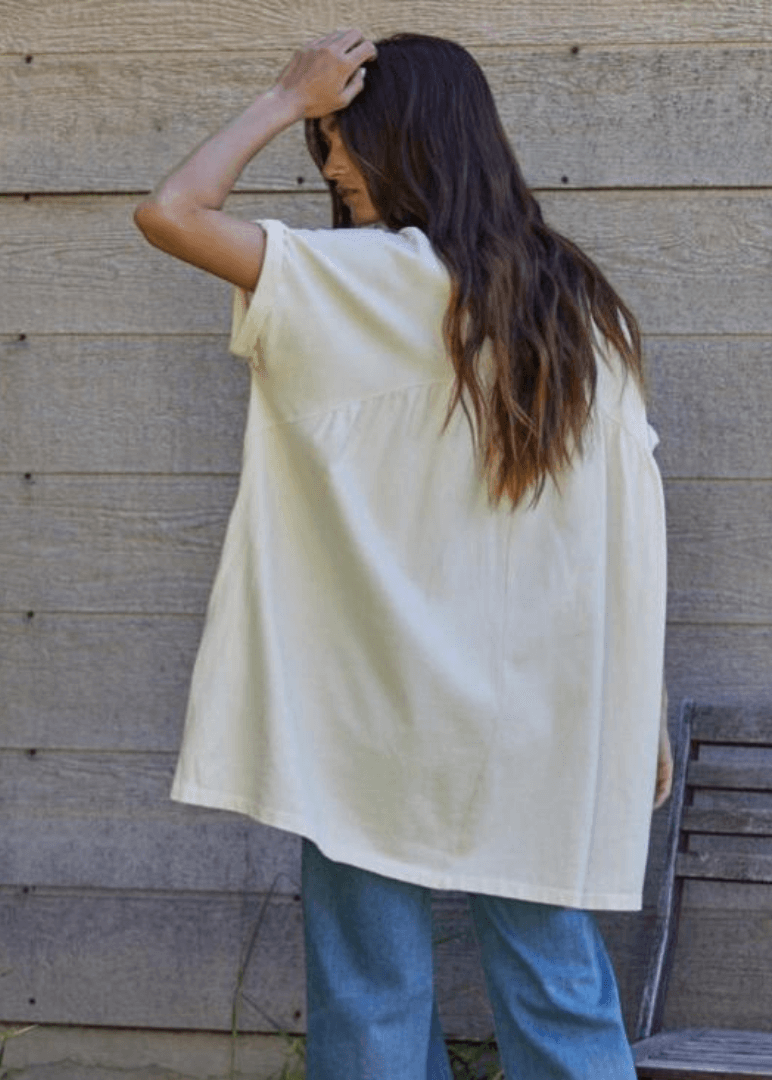 Made in USA Women's Heavy Knit Cotton Hacci Round Neck Flared Tunic with Folded Short Sleeve and Side Slits Detailed Top With Front And Side Pockets in Cream | Classy Cozy Cool Made in America Boutique