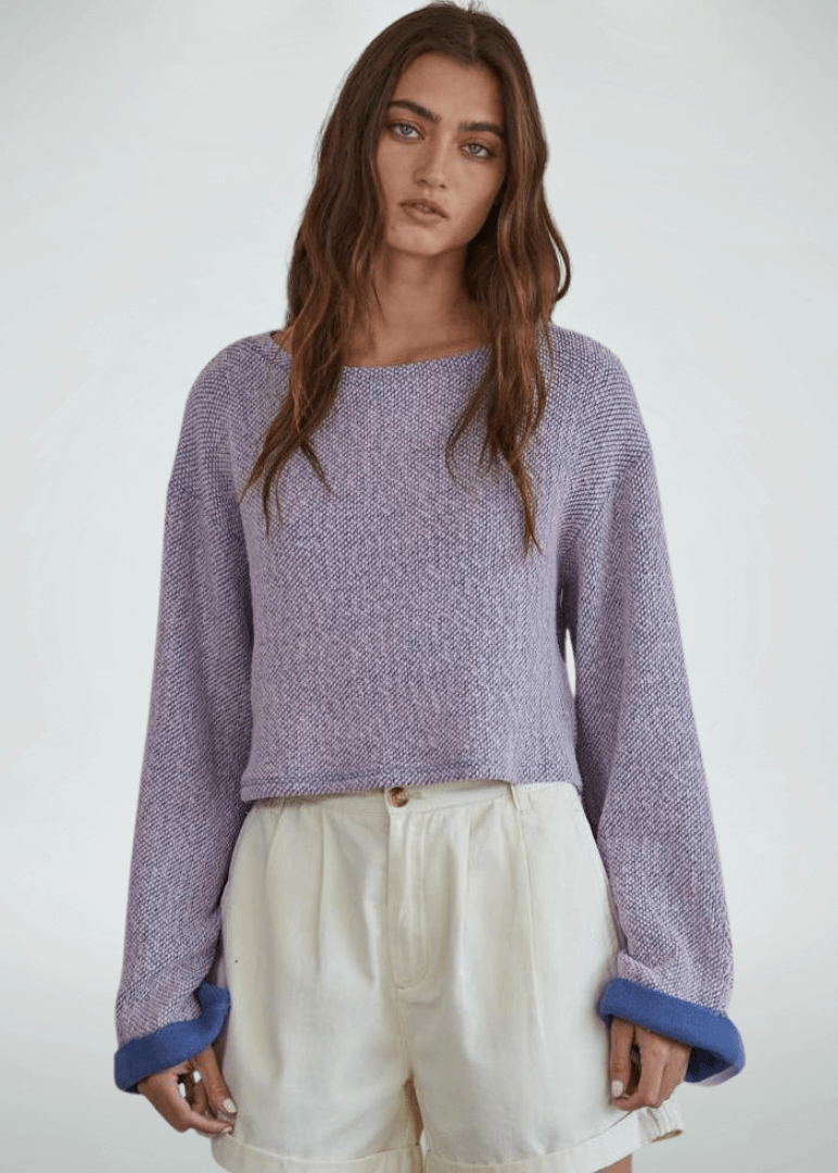 Made in USA Women's Cropped Lavender Long Sleeve Pullover Sweater,  Loose Knit, Long Sleeves with Wide Contrast Cuffs, Super Soft | Classy Cozy Cool Made in America Boutique